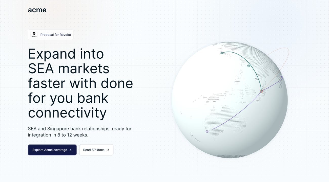 Personalised cold-outbound ABM site showing a proposal for SEA market expansion with a 3D coverage globe