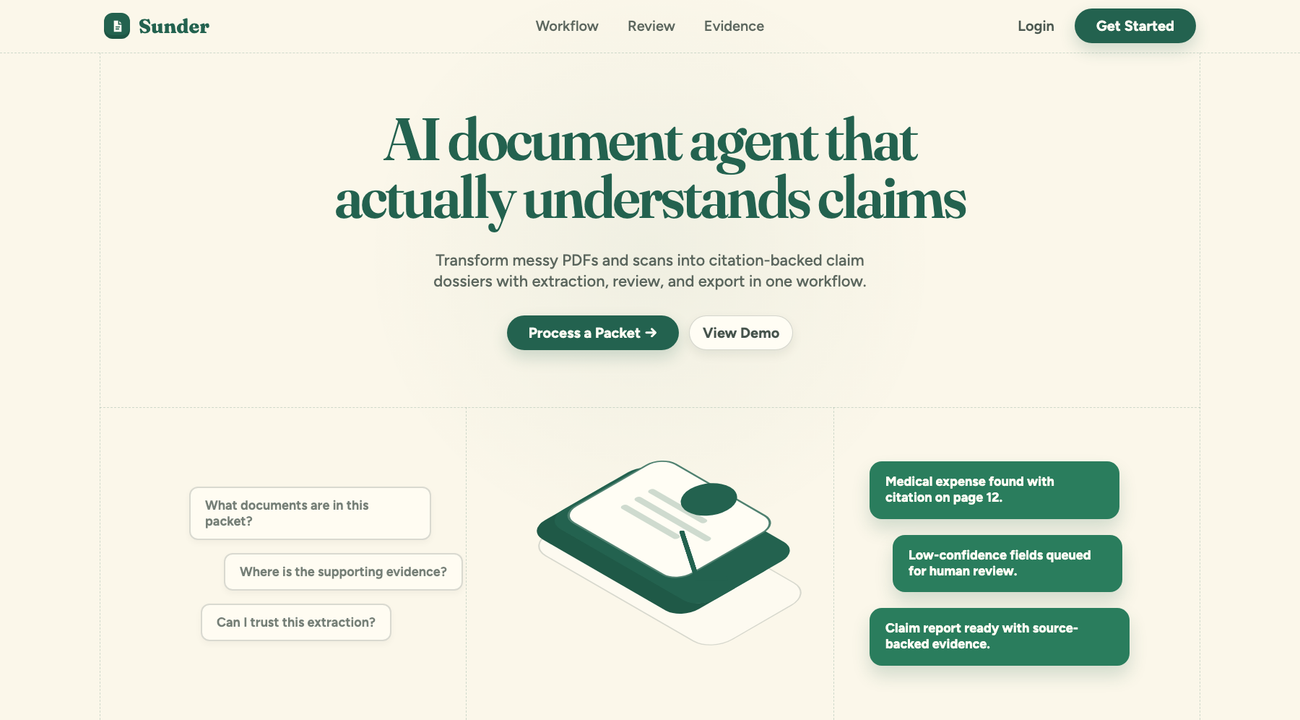 Sunder landing section showing an AI document agent for claim processing
